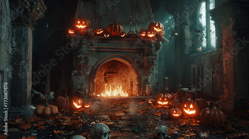 A chilling perspective of a forgotten chamber, showcasing an ancient gothic fireplace adorned with sinister laughing pumpkins and ominous skulls, evoking a sense of ancient witchcraft. 8K.