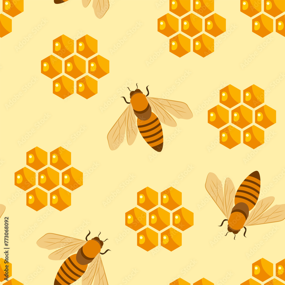 Honey background. Seamless pattern with honeycomb and bees. Vector cartoon flat illustration. - obrazy, fototapety, plakaty 