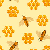 Honey background. Seamless pattern with honeycomb and bees. Vector cartoon flat illustration.