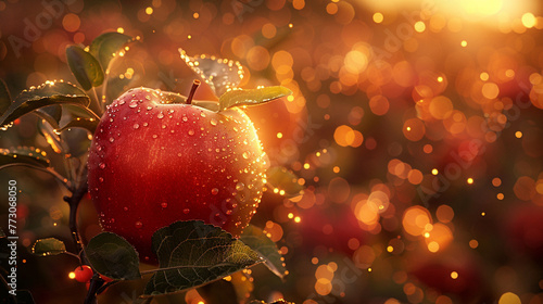 Mystical apple, sparkling vines, enchanted fruit with glowing cores, customers marveling at ethereal harvest in a fantasy orchard under a moonlit sky Realistic, golden hour, Depth of Field bokeh effec