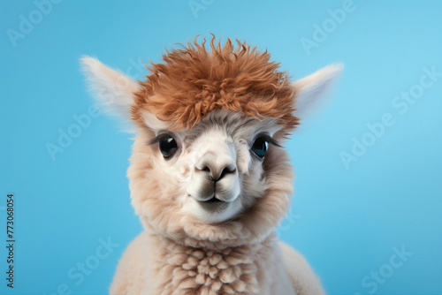 A fluffy baby alpaca with big, expressive eyes, standing against a pastel blue background. © Animals