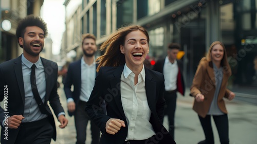 a group of young smiling business people running in the street. generative AI