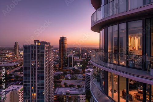 panoramic view of a luxury apartment tower at dusk photo