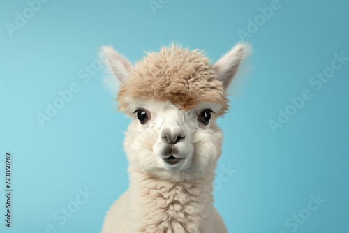 A fluffy baby alpaca with big, expressive eyes, standing against a pastel blue background.