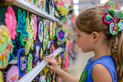 child looking at patches and appliqus in a crafts section photo