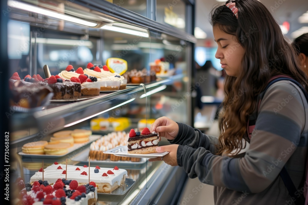female student selecting a dessert from the cafeteria display case