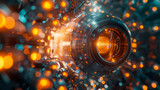 Teleportation Machine, glowing, experimental, in a laboratory, during golden hour, realistic, Sunlight, Depth of field bokeh effect