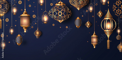 Royal Ramadan Decor, Dark Blue Background Highlighted by Gold Lanterns for Eid and Qadr photo