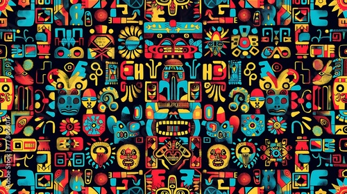 Colorful pattern of traditional Aztec designs  such as hieroglyphs or geometric shapes