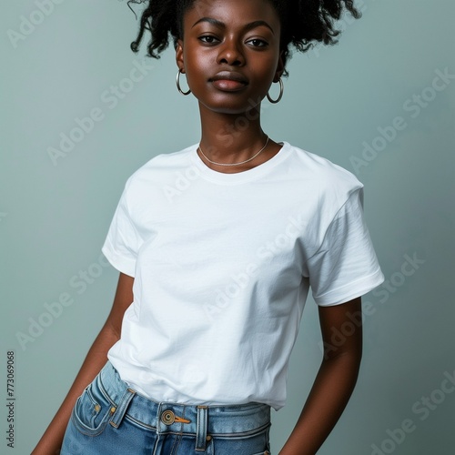 Black Woman Modelling Plain White T-Shirt for Product Photo Mockup. Bella Canvas 3001 Shirt Mockup.