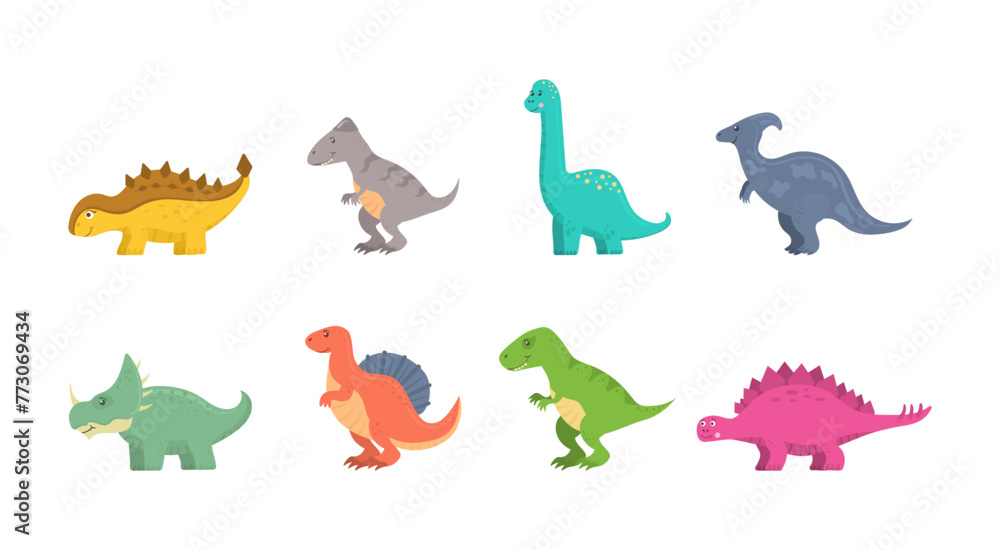 Cute dinosaur, funny ancient brontosaurus and green triceratops. Cartoon dinosaurs icon collection isolated on white background. Flat vector illustration in childish style