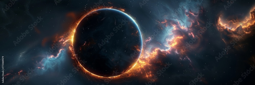 This dramatic and captivating image depicts an apocalyptic cosmic event,showcasing a celestial eclipse with a fiery,explosive reaction within a turbulent stellar atmosphere The intense,glowing energy - obrazy, fototapety, plakaty 