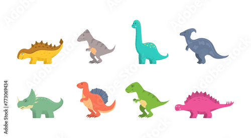 Cute dinosaur  funny ancient brontosaurus and green triceratops. Cartoon dinosaurs icon collection isolated on white background. Flat vector illustration in childish style