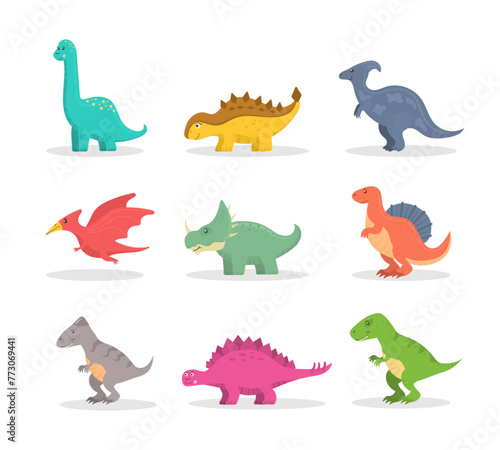 Cute dinosaur, funny ancient brontosaurus and green triceratops. Cartoon dinosaurs icon collection isolated on white background. Flat vector illustration in childish style © Little Monster 2070