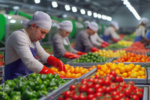 Workers Sorting Colorful Bell Peppers on Factory Production Line