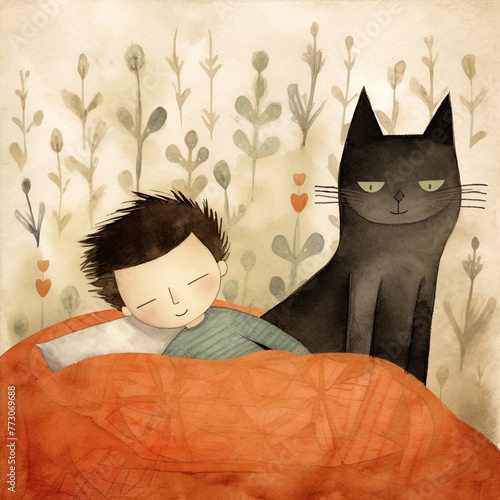 Delightful Boho illustration of a lazy cat and a boy laying on a bed,