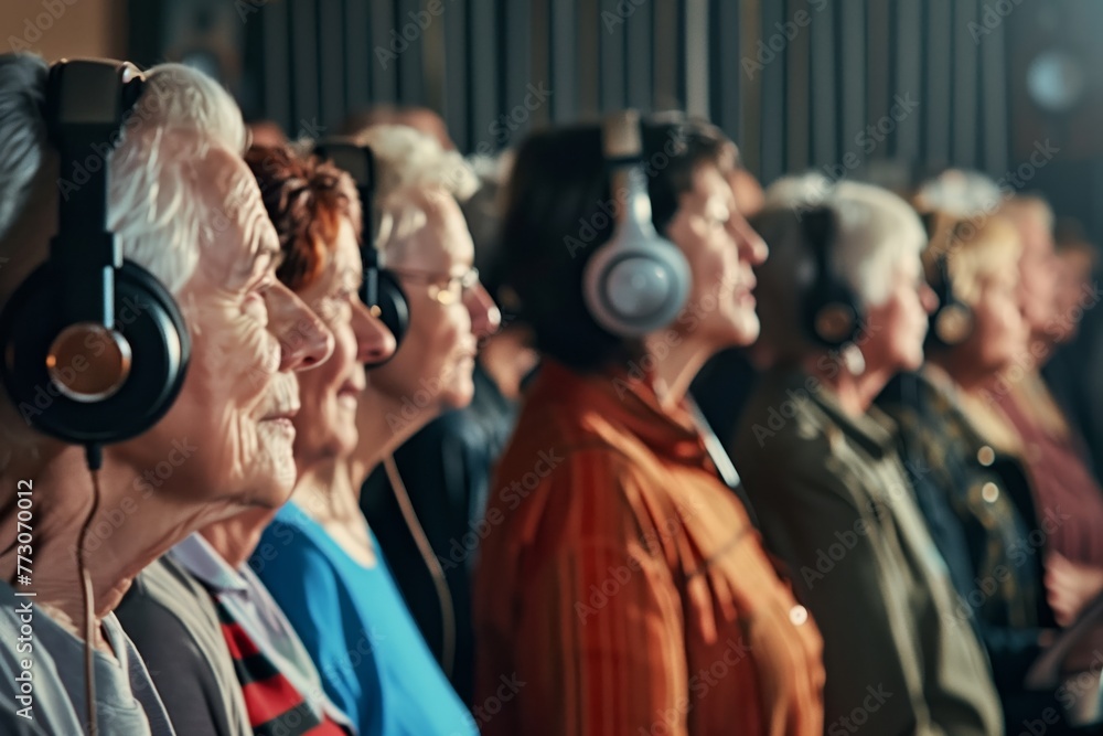 choir of seniors wearing headphones in a recording studio choir of seniors wearing headphones in a recording studio