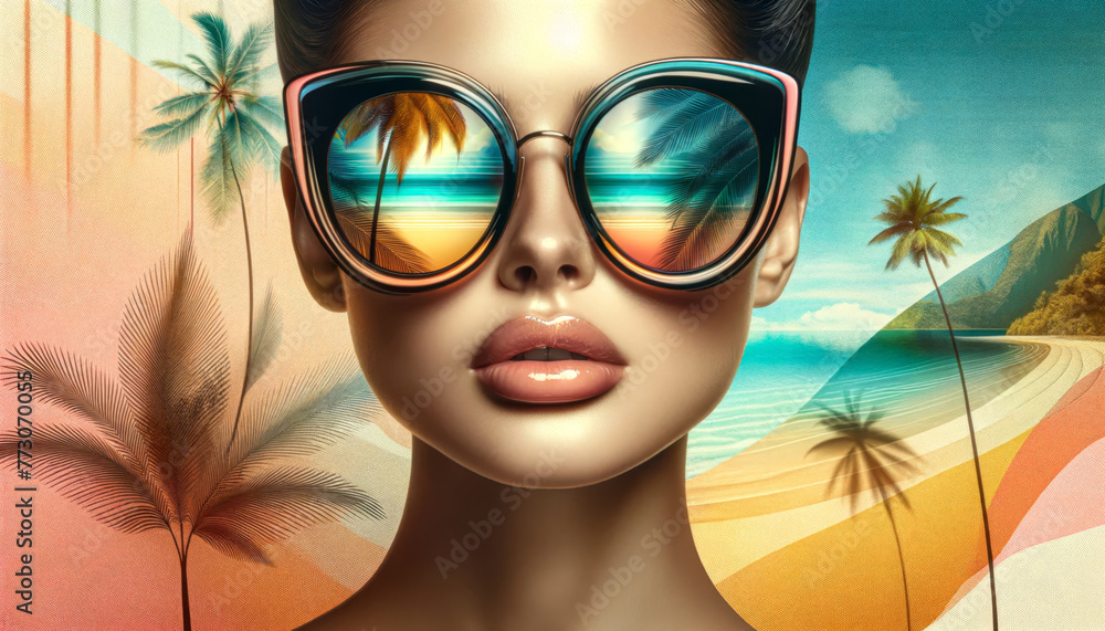 Sunglasses reflecting a tropical scene on a woman's face with palm trees and beach scenery. Sunglasses reflecting a tropical scene on a woman's face with palm trees and beach scenery.