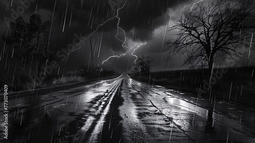 Stormy Night on the Highway A Thunderstorm's Lightning Strikes the Road Generative AI