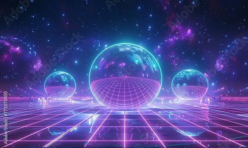 Purple Neon Glow A Vibrant Night Sky with 3D Globes Generative AI