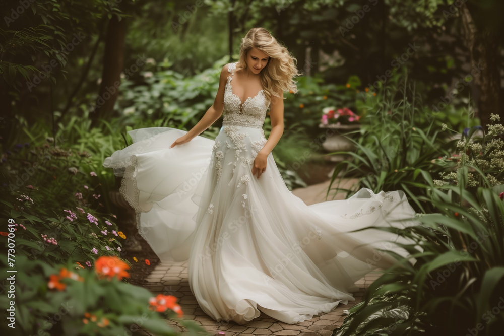 Elegant Bride in a Stunning Gown Exploring a Lush Garden Setting