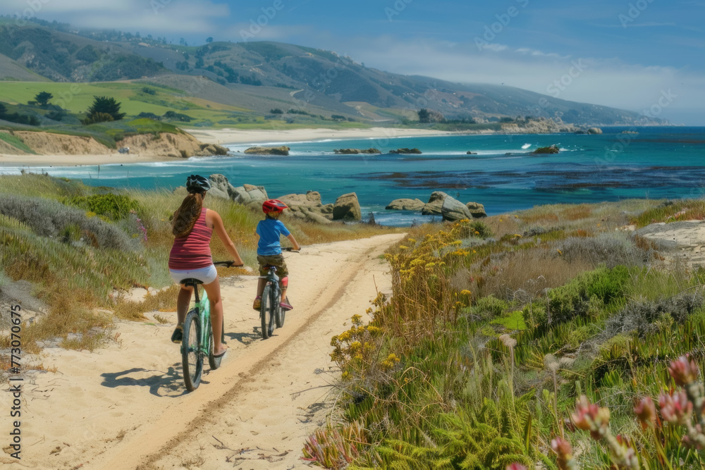 Mother and Child Enjoying a Scenic Bicycle Ride Along the Coastal Trail