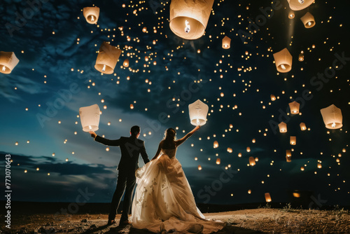 Dreamy Nighttime Wedding Scene with Couple Releasing Sky Lanterns