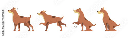 Dogs collection isolated on white background. Dogs tricks icons and workout action digging dirt, jump, sleeping running and barking. Cartoon set character in flat style. Vector illustration.