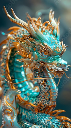 Golden Glow: A Majestic Chinese Dragon in Turquoise Brilliance photo
