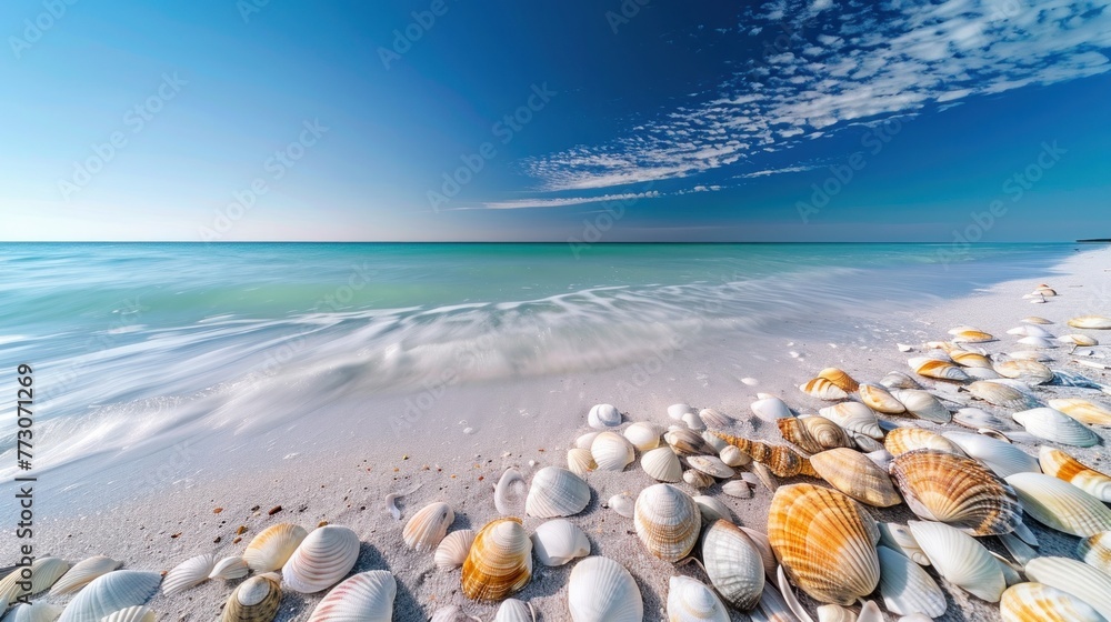 The sea, white sandy beach, shells lined up, clear sky The sea, white sandy beach, shells lined up, clear sky