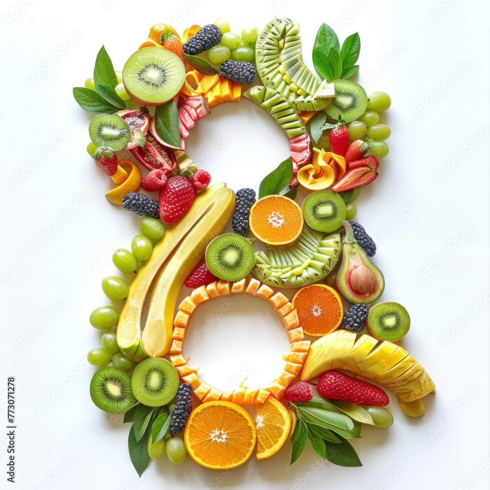 Vibrant Array of Fresh Fruits Artistically Arranged as the Number eight 