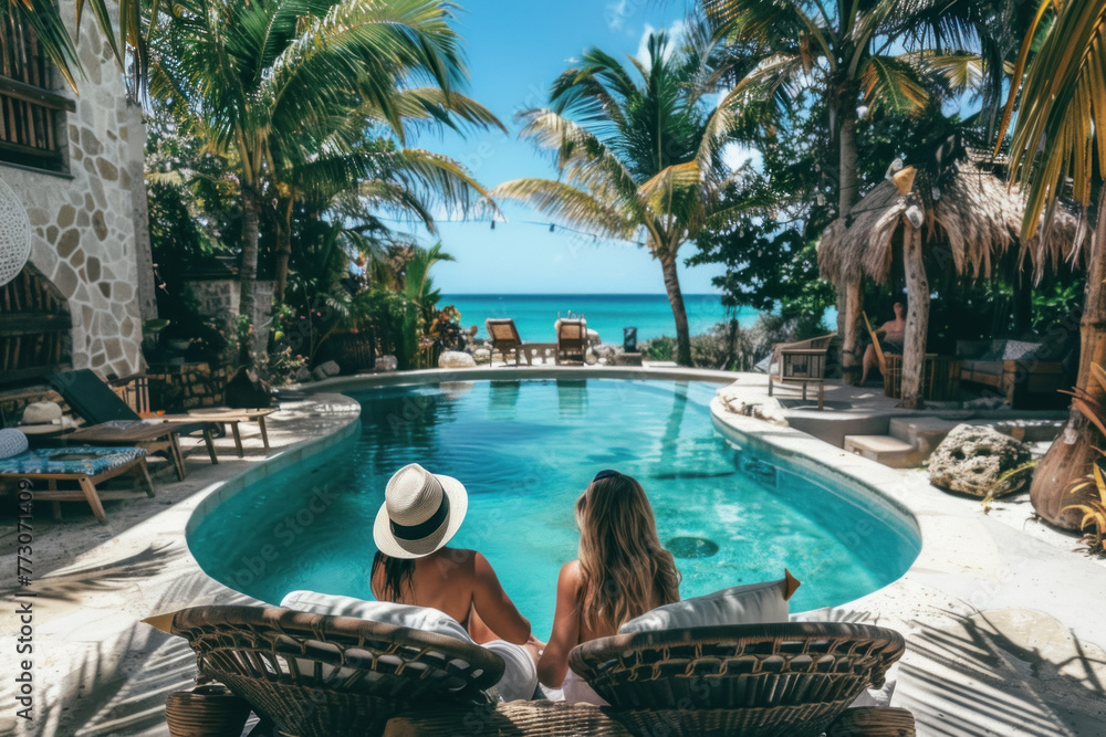 Couple Relaxing in a Tropical Poolside Setting with Ocean View