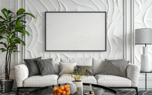 Mockup frame close up in coastal style home interior background, 3d render