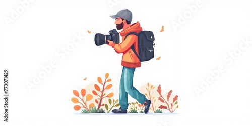 A nature photographer capturing a moment of pure joy and bliss while exploring the vibrant autumn landscapes with their and hiking gear on a white