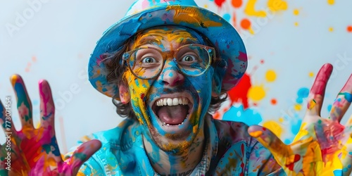 Colorful Painter Filled with Joyful Expression Playfully Covered in Paint While Creating Vibrant Mural on Bright Background
