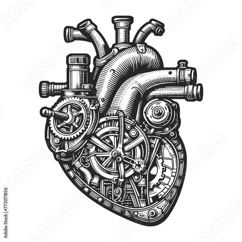 heart with intricate steampunk gears and mechanical components. Sketch engraving generative ai raster illustration. Scratch board imitation. Black and white image.