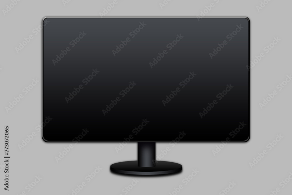 LCD TV screen isolated on white background. Black television panel. Realistic 3D blank LED smart hdtv display with mat texture surface. Front view of monitor. Tv monitor mockup model.3d rendering.