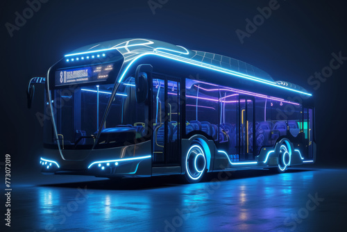 Futuristic Electric Bus Illuminated with Neon Lights at Night in Smart City