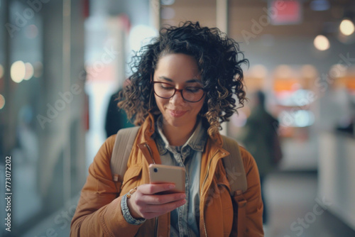 Curly-Haired Woman Engrossed in Her Phone with Bokeh City Lights