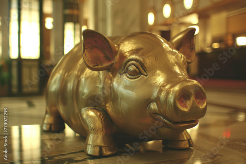Golden Pig Sculpture in a Luxury Hotel Lobby: Wealth and Prosperity Symbol