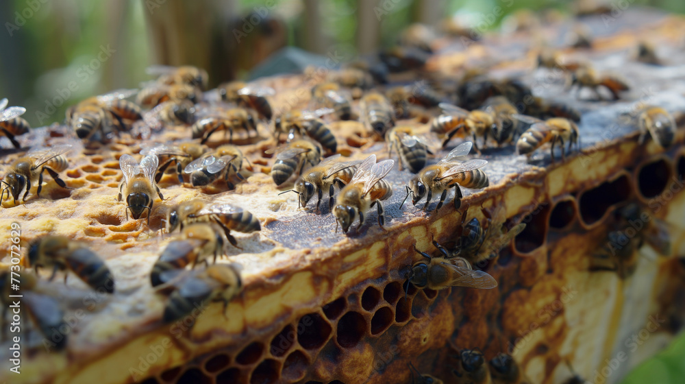 Zbliżenie na grupkę pszczół pracujących na plastrze miodu - obrazy, fototapety, plakaty 