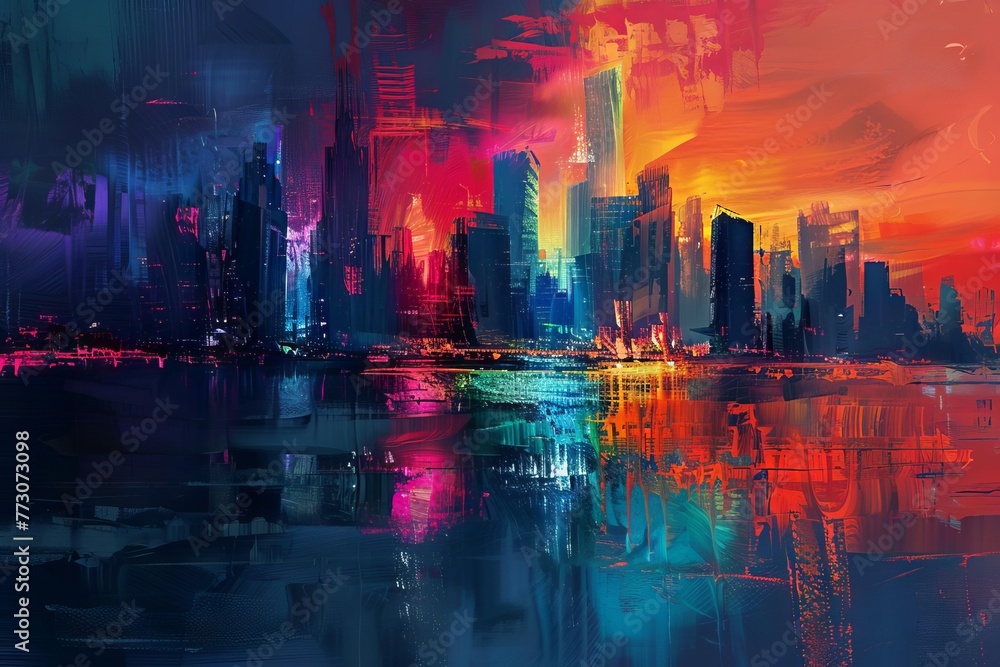 Abstract Painting of Vibrant City Skyline with Dynamic Shapes, Digital Painting