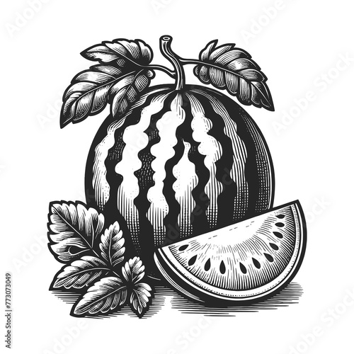 watermelon with a sliced piece and leaves sketch engraving generative ai raster illustration. Scratch board imitation. Black and white image.