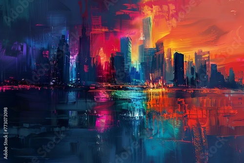 Abstract Painting of Vibrant City Skyline with Dynamic Shapes  Digital Painting