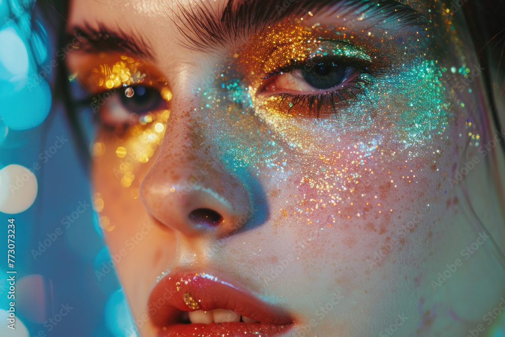 Golden Glitter Makeup: A Dazzling Explosion of Sparkle on a Woman's Face