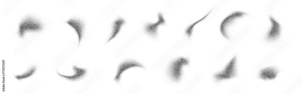 Obraz premium Fluid grain gradient shapes PNG. Abstract liquid stipple forms isolated. Black splatter shadows on white. Vector halftone design element.