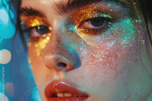 Golden Glitter Makeup  A Dazzling Explosion of Sparkle on a Woman s Face