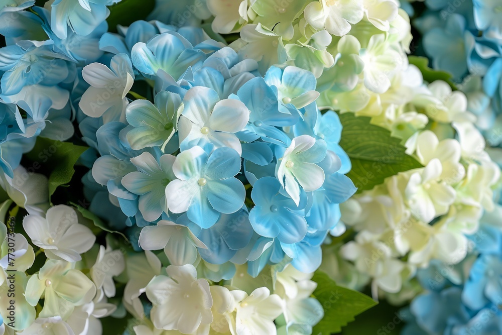Beautiful Vibrant Blue and White Hydrangea Flowers in Full Bloom with Fresh Green Leaves in a Lush Garden Setting Beautiful Vibrant Blue and White Hydrangea Flowers in Full Bloom with Fresh Green Leaves in a Lush Garden Setting