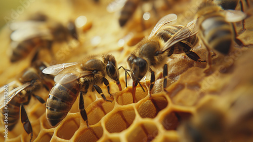 Zbliżenie na grupkę pszczół pracujących na plastrze miodu © Kumulugma