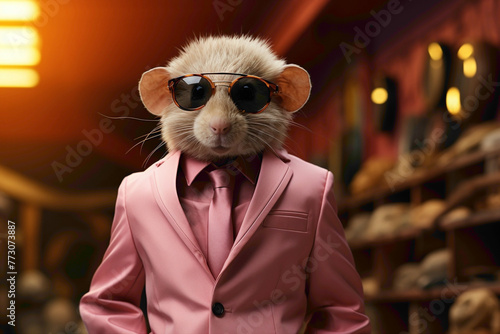 A fashionable guinea pig showcasing modern attire against a vibrant pink background, resulting in a cute and stylish animal portrait full of character.